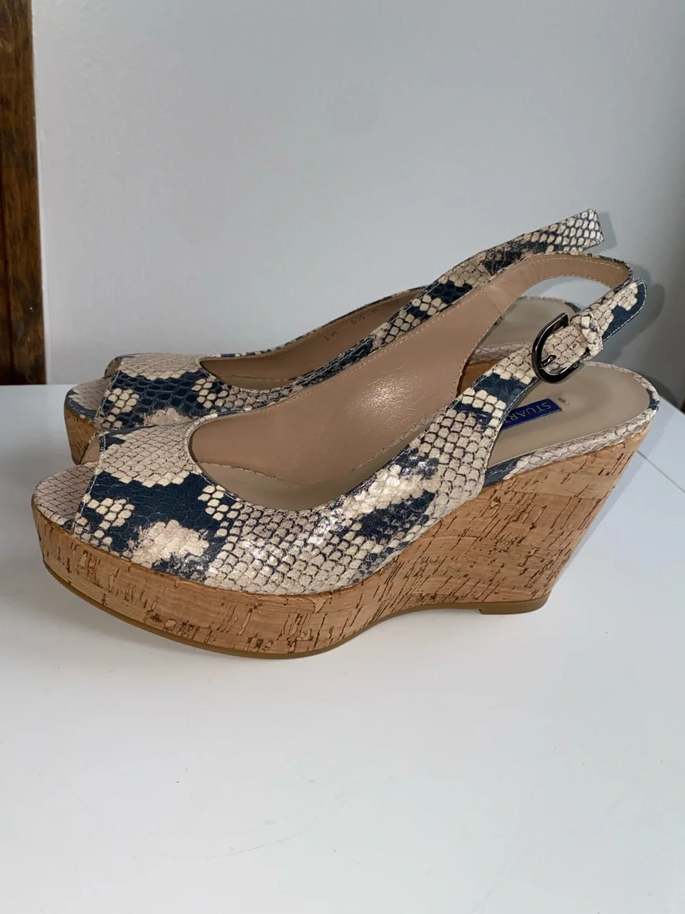NEW Stuart Weitzman Snakeskin Cork Wedge Platform Sling backs, Size 5.5